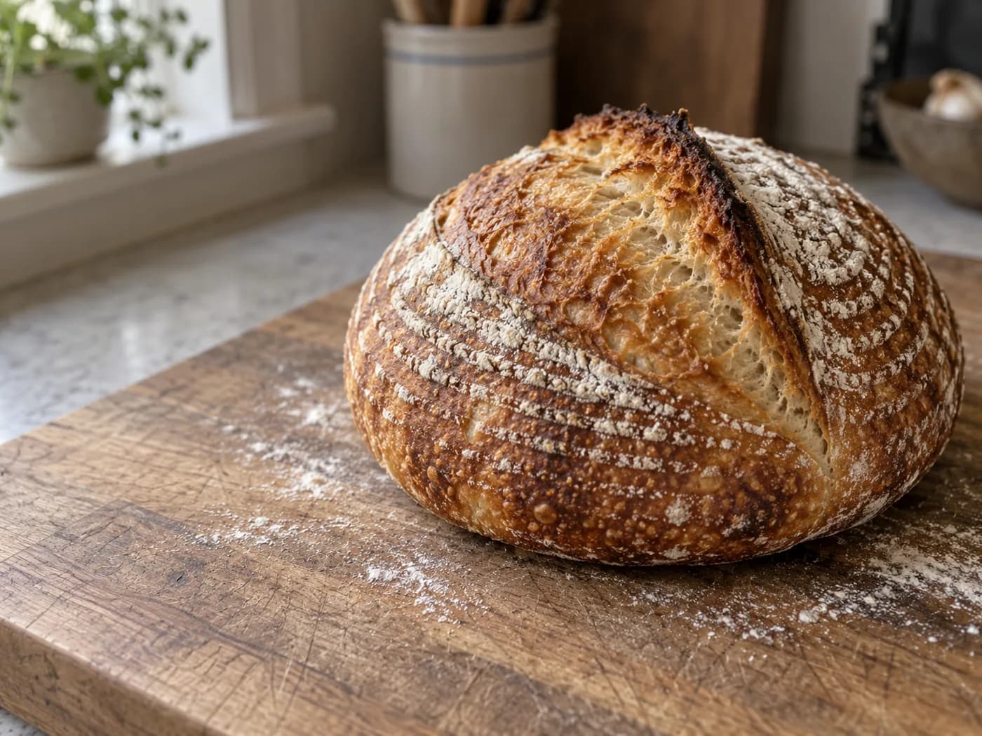 A sourdough boule, scored and baked dark, on a wooden board.
